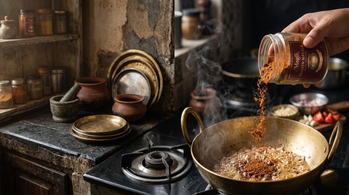 Pouring Magik Chicken Masala from glass jar into sizzling brass kadhai