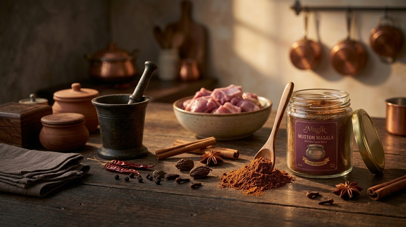 Open glass jar of Magik Masala with wooden spoon of freshly ground spice