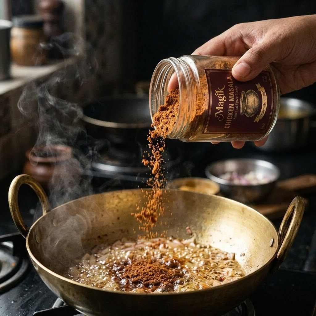 Pouring Magik Chicken Masala into a sizzling brass kadhai