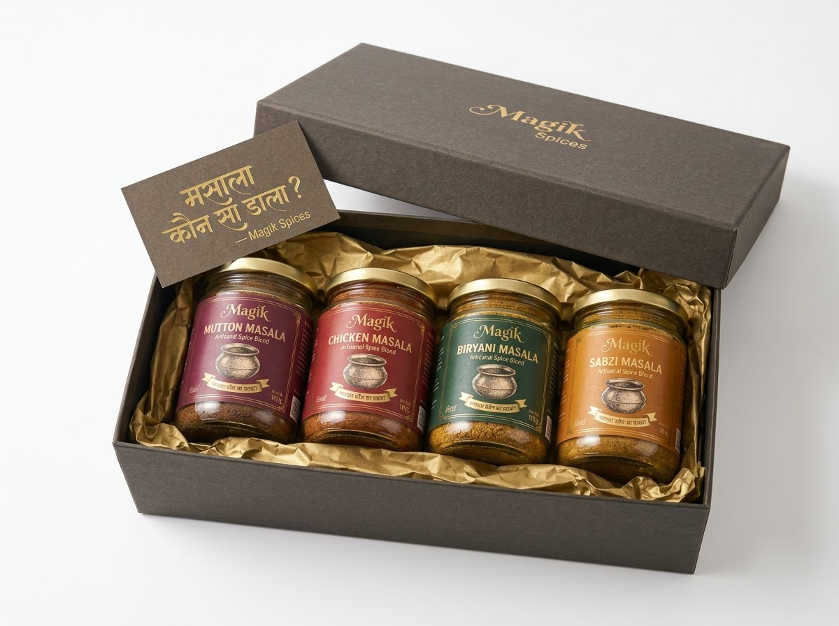 Magik Spices 4-jar presentation box with Mutton, Chicken, Biryani, and Sabzi Masala