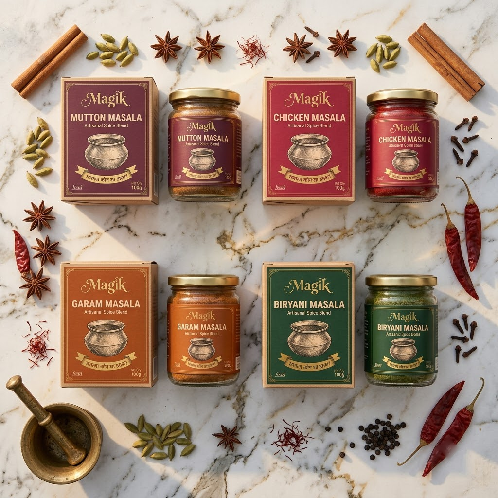 Flat lay of Magik Spices kraft cartons and glass jars surrounded by whole spices on marble