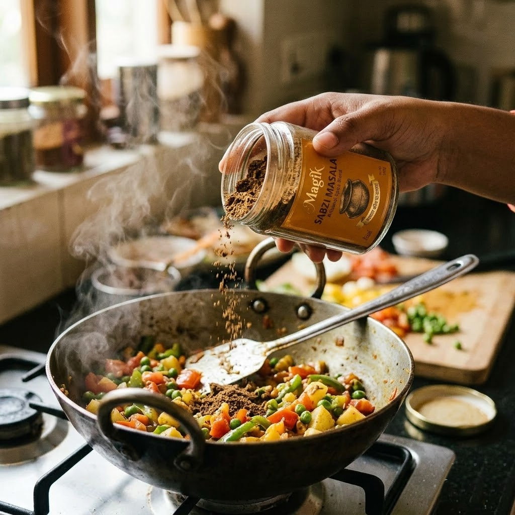 Hand sprinkling Magik Sabzi Masala into a pan of colourful vegetables